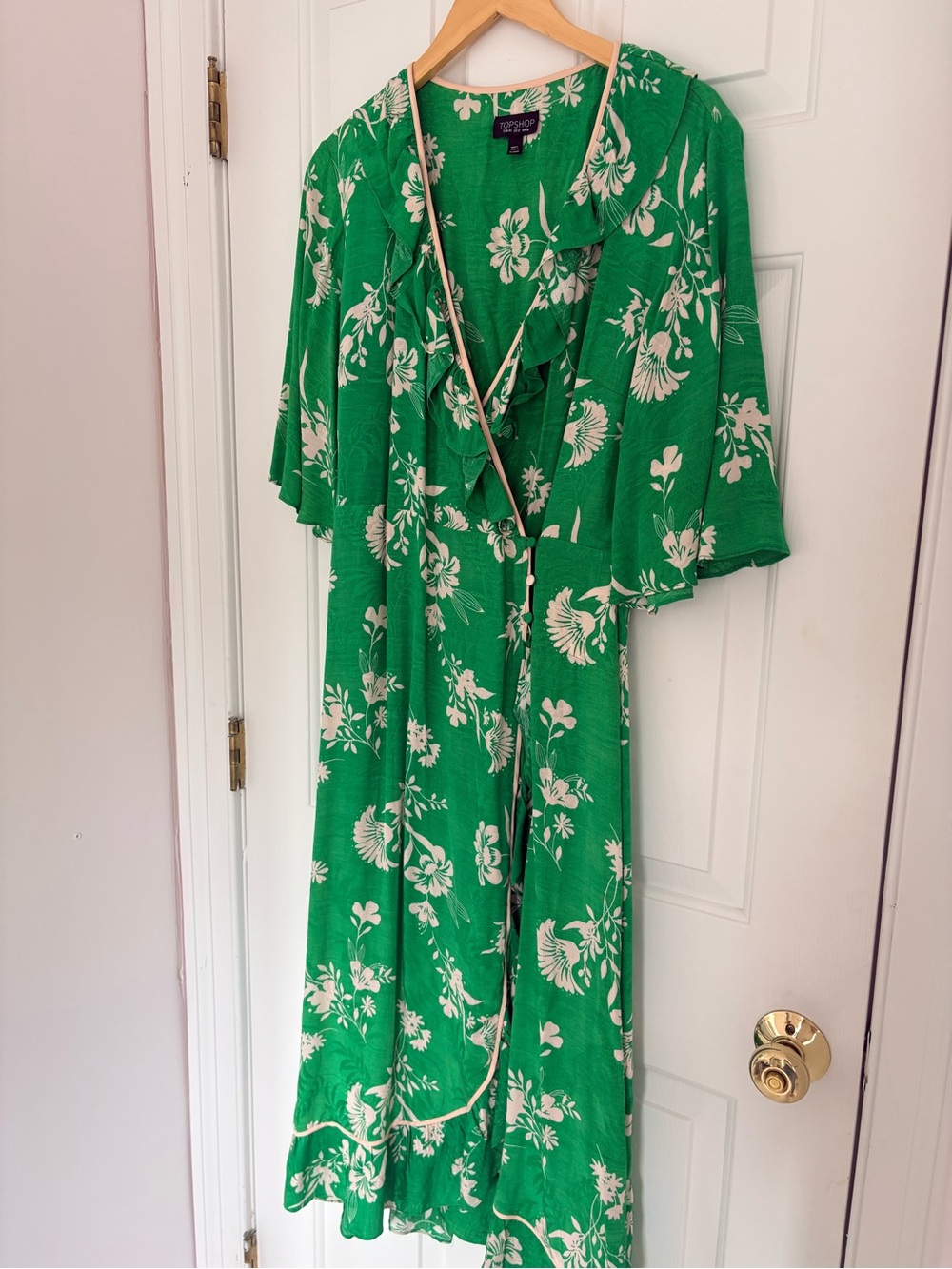 Topshop Green Floral Ruffle Wrap Midi Dress
